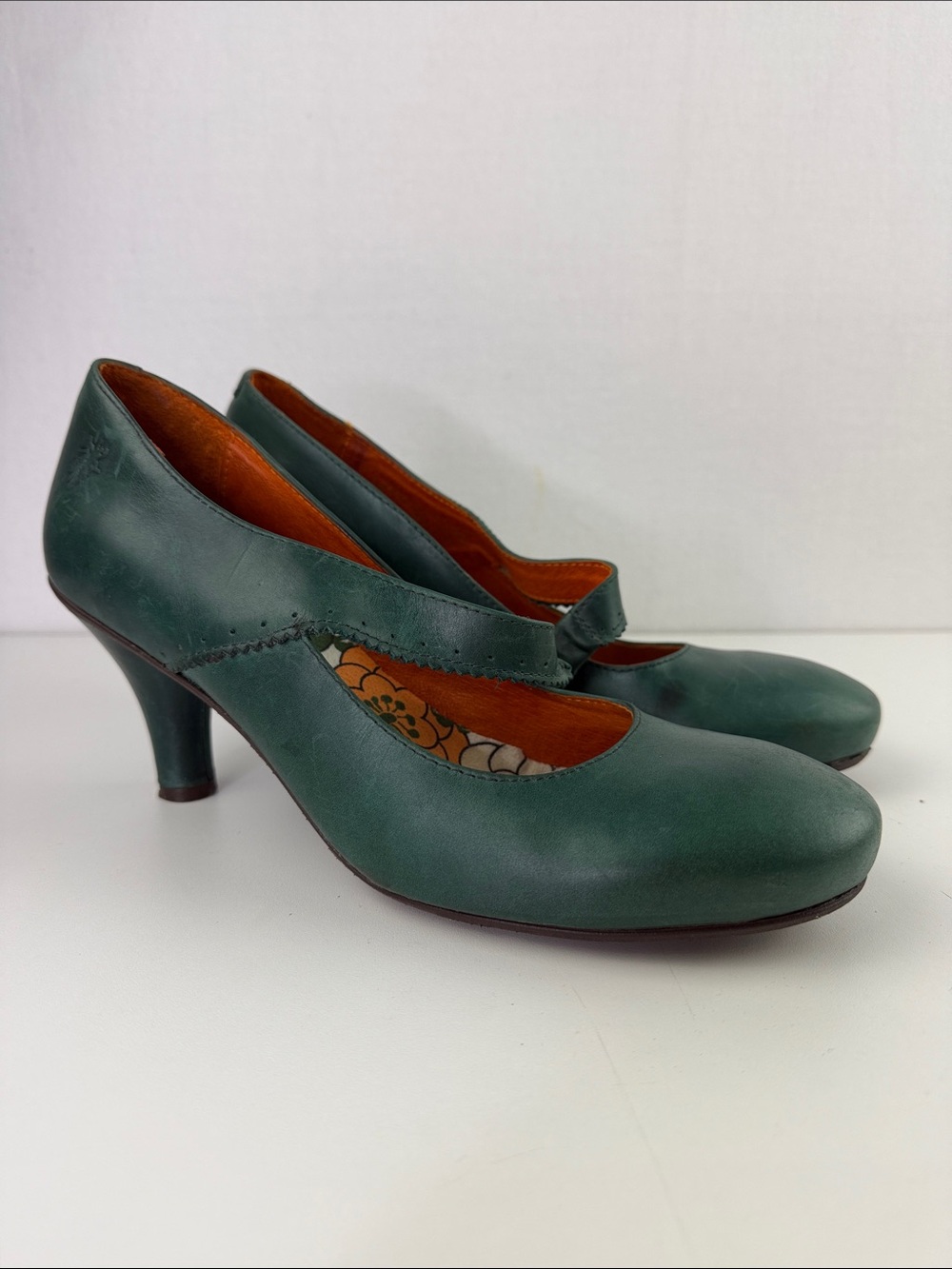 Fly London Dark Green Leather Mary Jane Heels